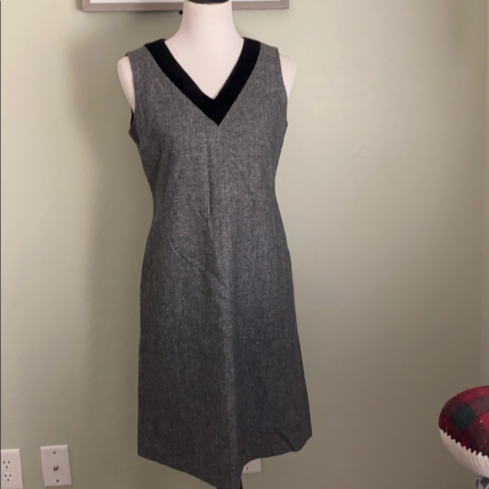 Herringbone v neck midi dress with fur neckline